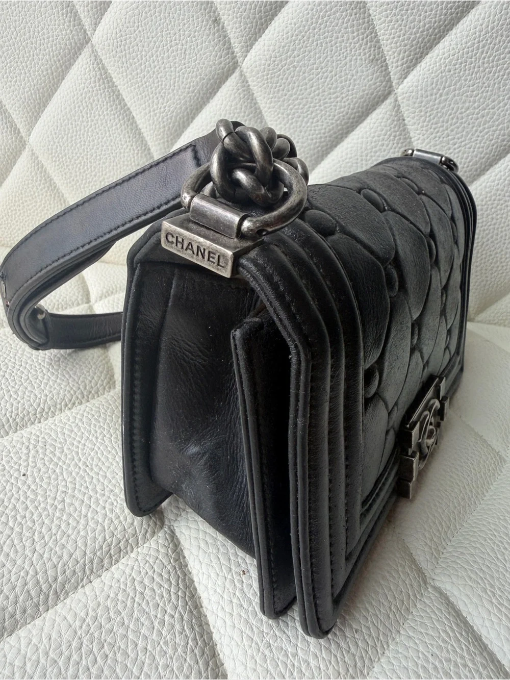 CHANEL Black Quilted Boy Crossbody Ruth hardware. Small boy.